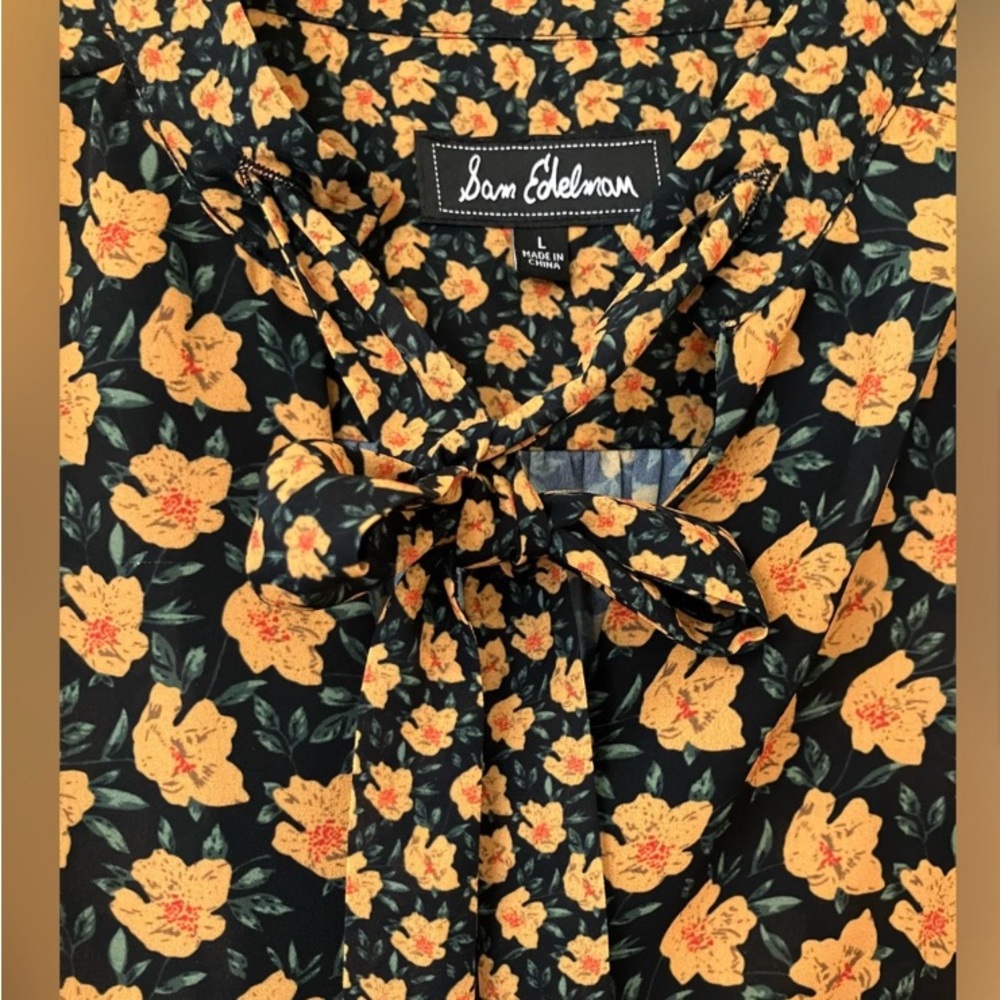 Sam Edelman Floral Print Smocked Tie Neck Dress L - Picture 4 of 8